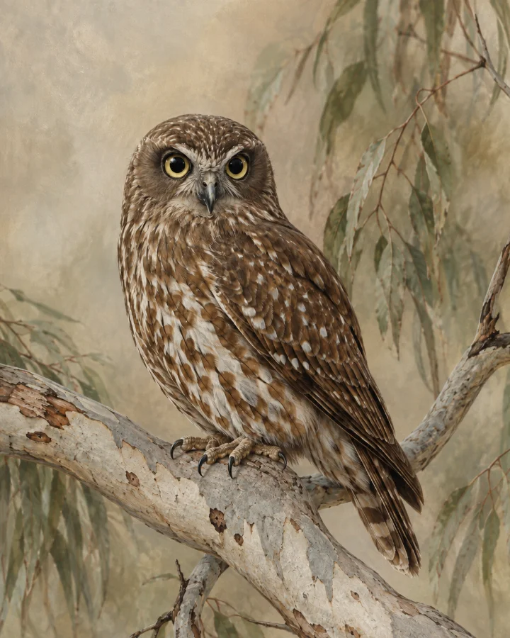 Southern Boobook owl perched on a eucalypt branch